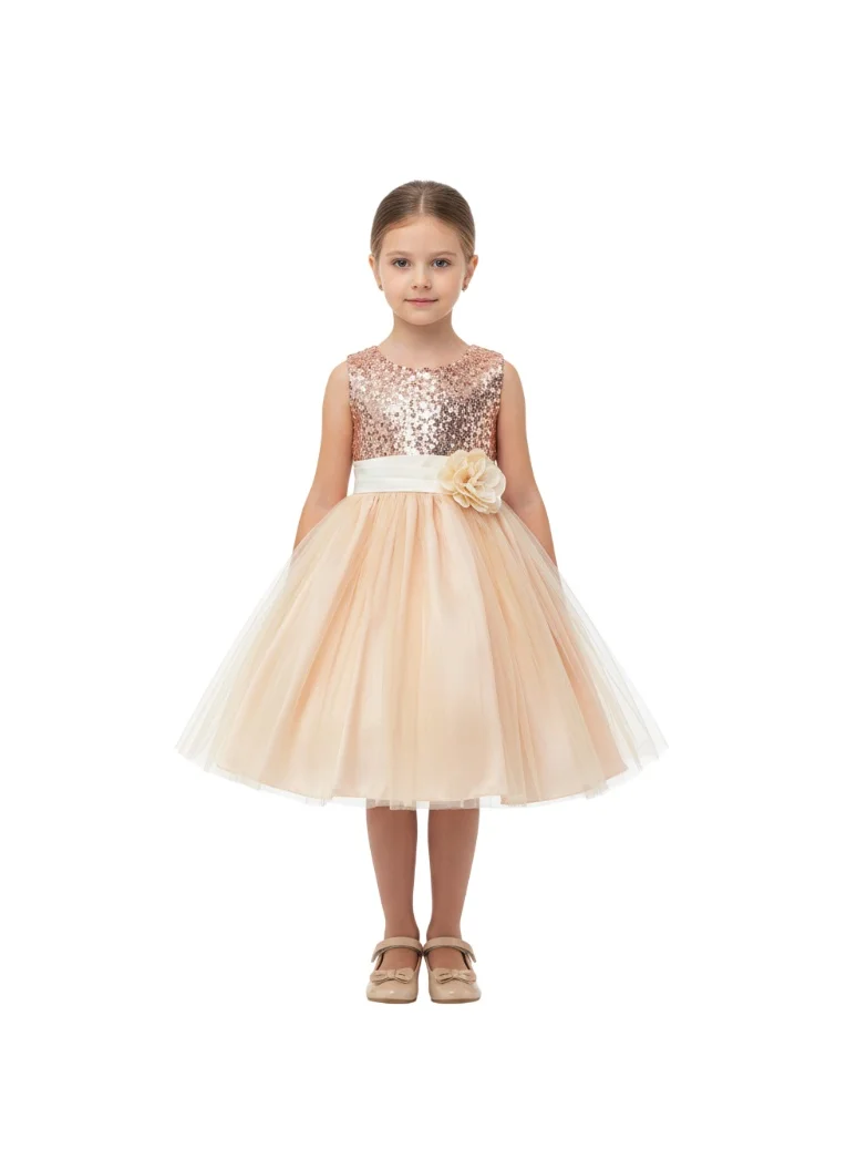 دىدانيالا فستان لامع بالترتر والزهور بلون الشمبانيا